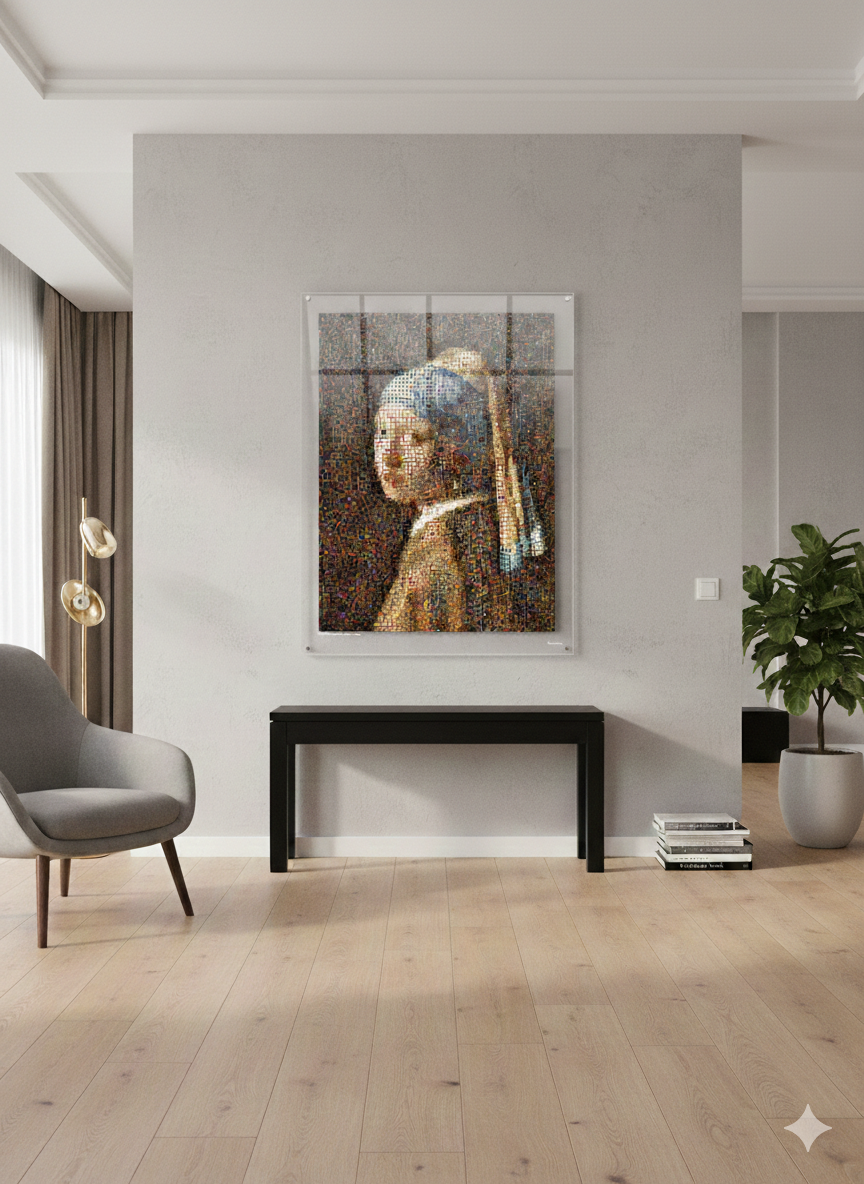 Tableau plexiglass art contemporain Miquaseo, mosaique "Fille à la perle VS Luxury Handbags", decoration murale design, edition limitee signee et numerotee