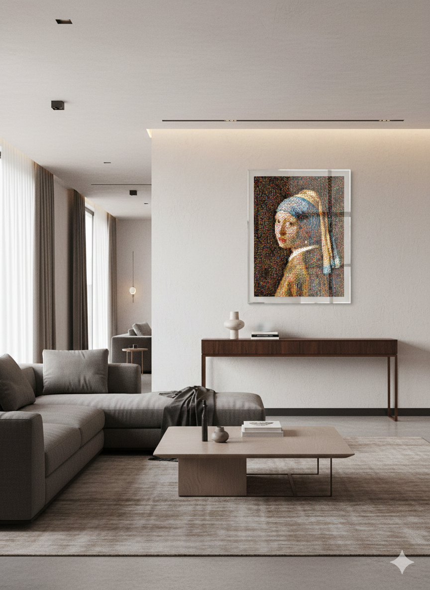 Tableau plexiglass art contemporain Miquaseo, mosaique "Fille à la perle VS Luxury Handbags", decoration murale design, edition limitee signee et numerotee
