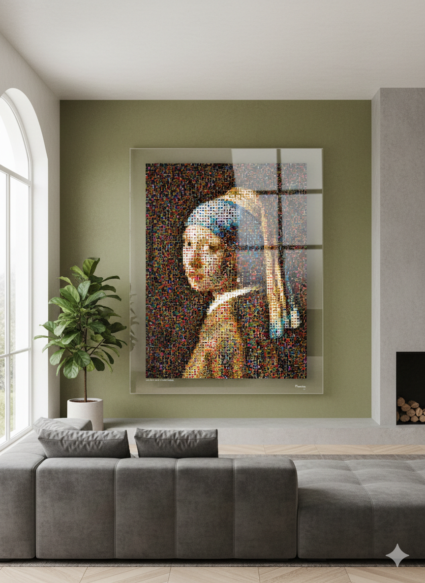 Tableau plexiglass art contemporain Miquaseo, mosaique "Fille à la perle VS Luxury Handbags", decoration murale design, edition limitee signee et numerotee