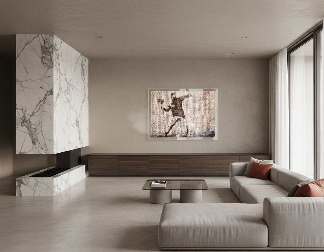 Tableau plexiglass art contemporain Miquaseo, mosaique "Flower Thrower VS Male Bodies", decoration murale design, edition limitee signee et numerotee