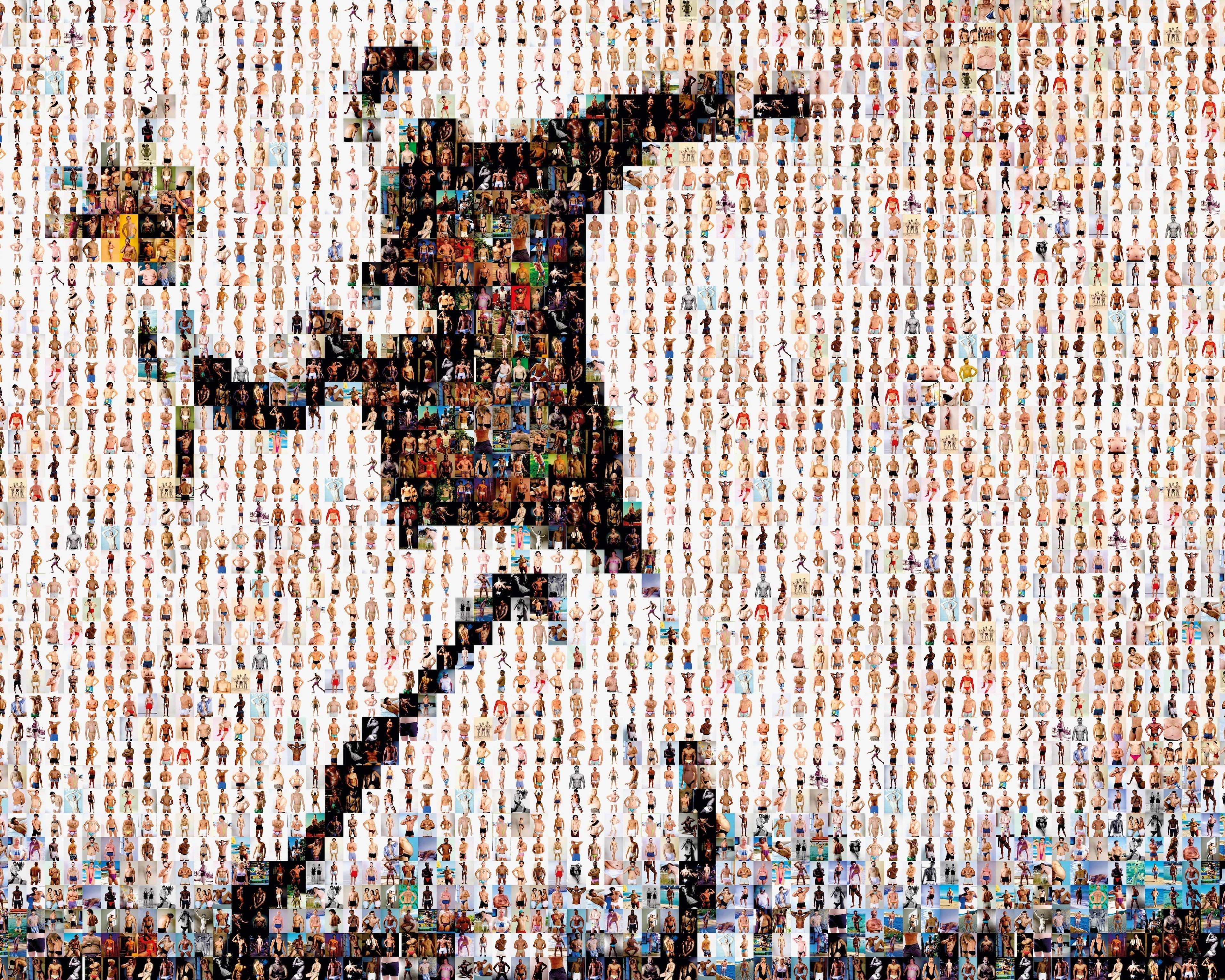Tableau plexiglass art contemporain Miquaseo, mosaique "Flower Thrower VS Male Bodies", decoration murale design, edition limitee signee et numerotee