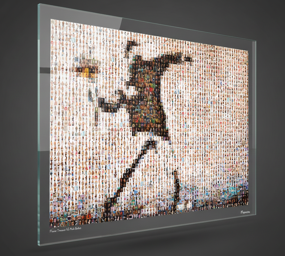 Tableau plexiglass art contemporain Miquaseo, mosaique "Flower Thrower VS Male Bodies", decoration murale design, edition limitee signee et numerotee