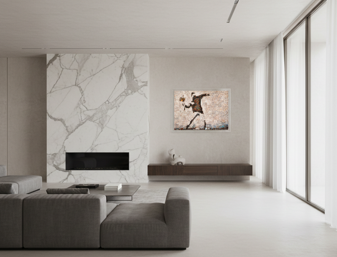 Tableau plexiglass art contemporain Miquaseo, mosaique "Flower Thrower VS Male Bodies", decoration murale design, edition limitee signee et numerotee