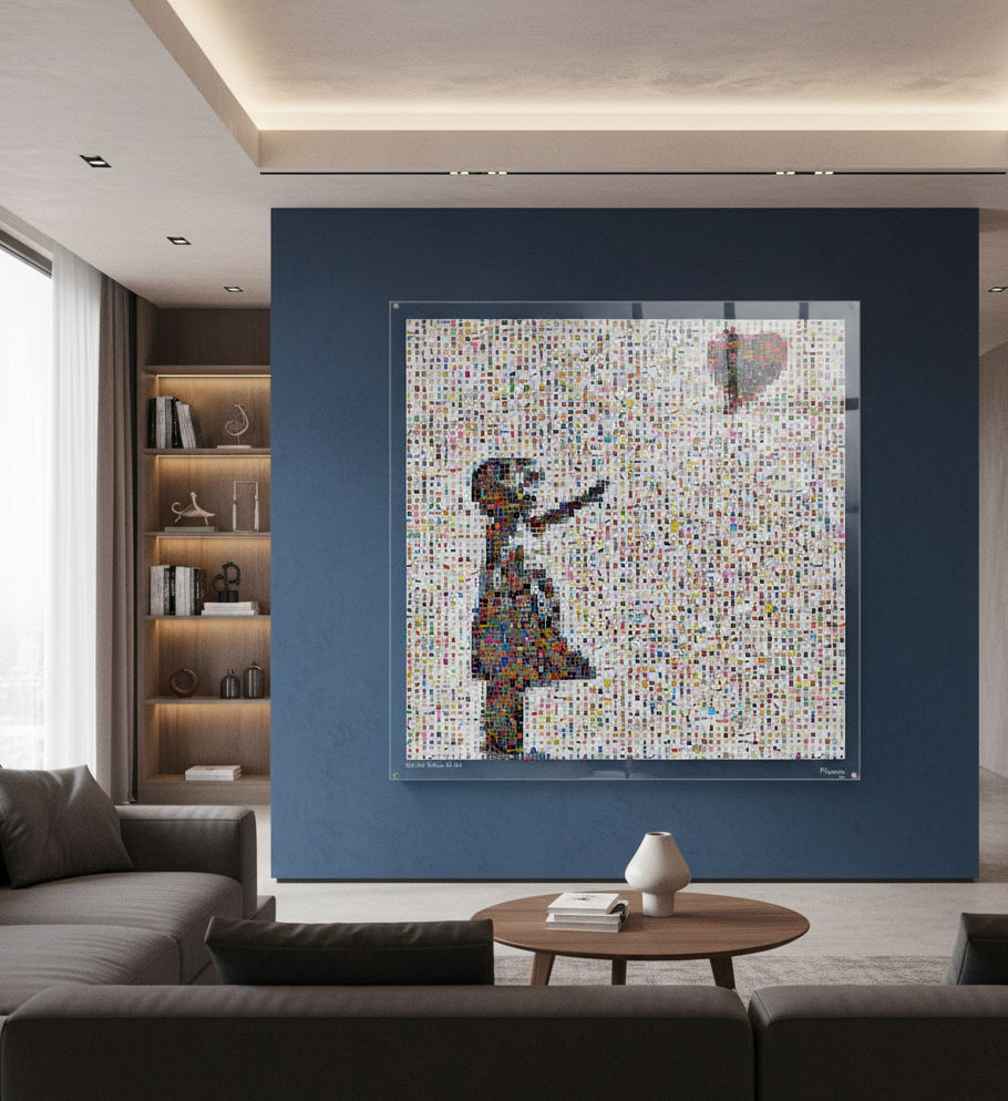 Tableau plexiglass art contemporain Miquaseo, mosaique "Girl with Balloon VS Art", decoration murale design, edition limitee signee et numerotee