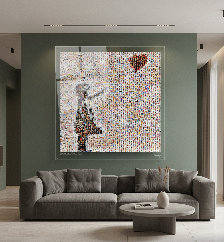 Tableau plexiglass art contemporain Miquaseo, mosaique "Girl with balloon vs Funny Faces", decoration murale design, edition limitee signee et numerotee