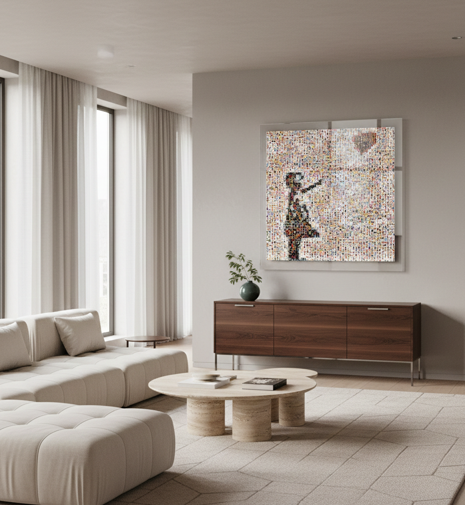 Tableau plexiglass art contemporain Miquaseo, mosaique "Girl with balloon vs Funny Faces", decoration murale design, edition limitee signee et numerotee