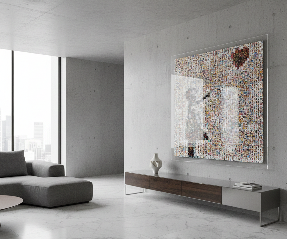 Tableau plexiglass art contemporain Miquaseo, mosaique "Girl with balloon vs Funny Faces", decoration murale design, edition limitee signee et numerotee