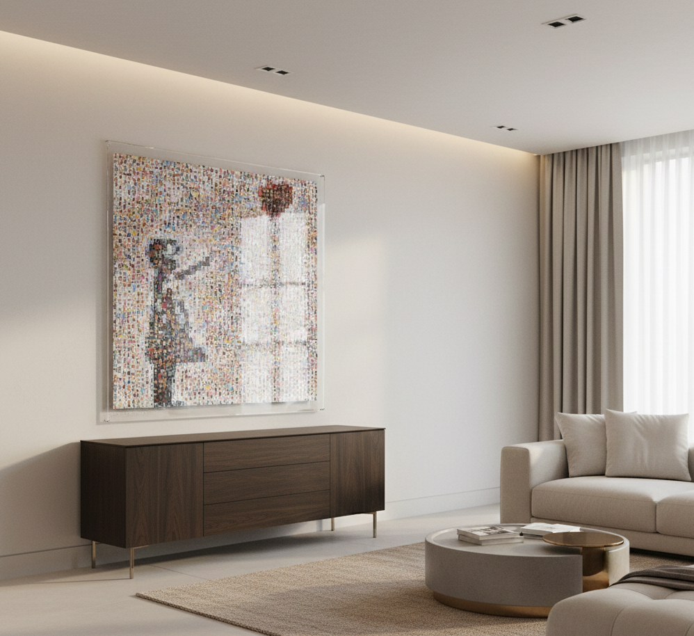 Tableau plexiglass art contemporain Miquaseo, mosaique "Girl with balloon vs Funny Faces", decoration murale design, edition limitee signee et numerotee