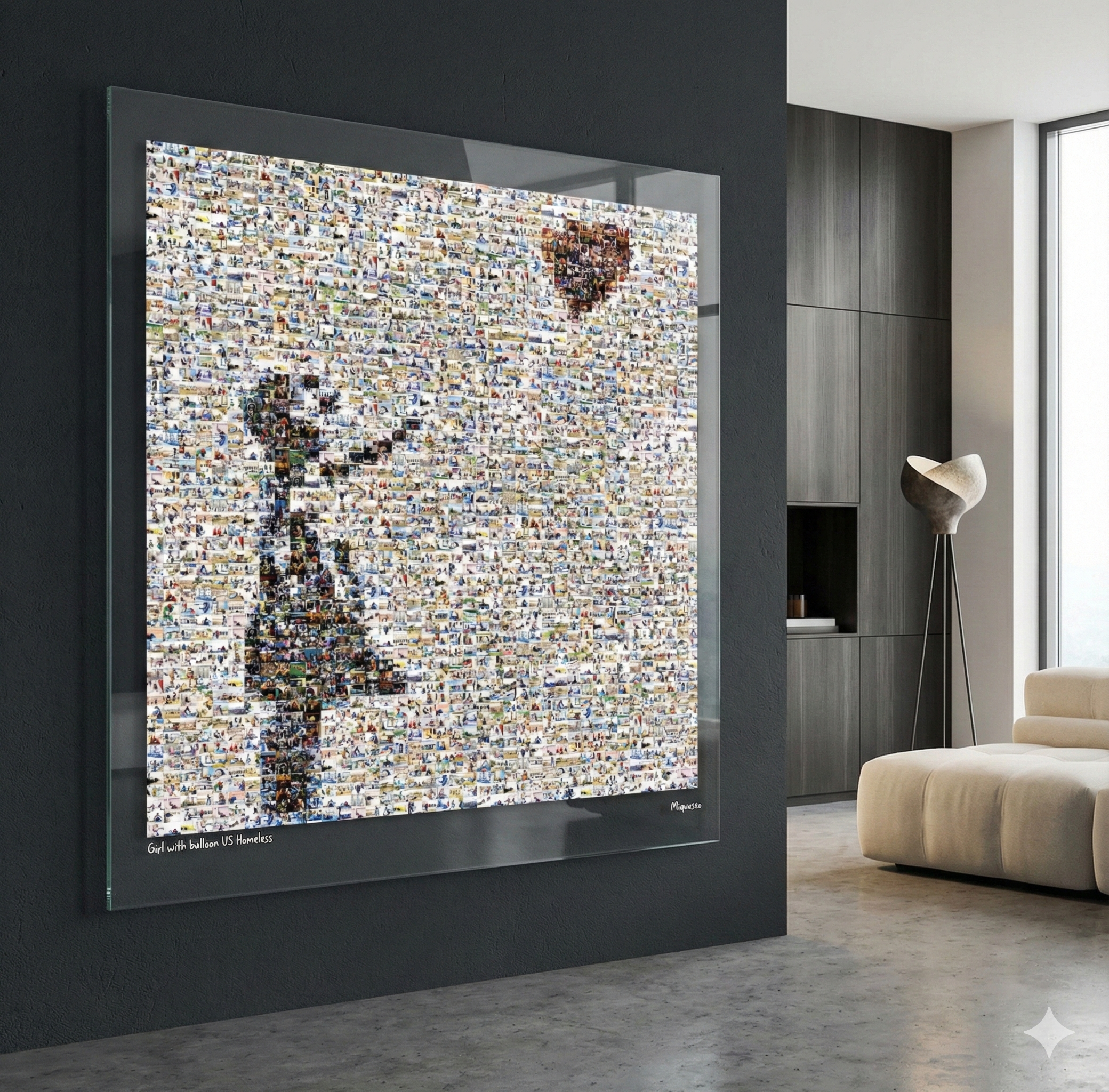 Tableau plexiglass art contemporain Miquaseo, mosaique "Girl with balloon vs Homeless", decoration murale design, edition limitee signee et numerotee