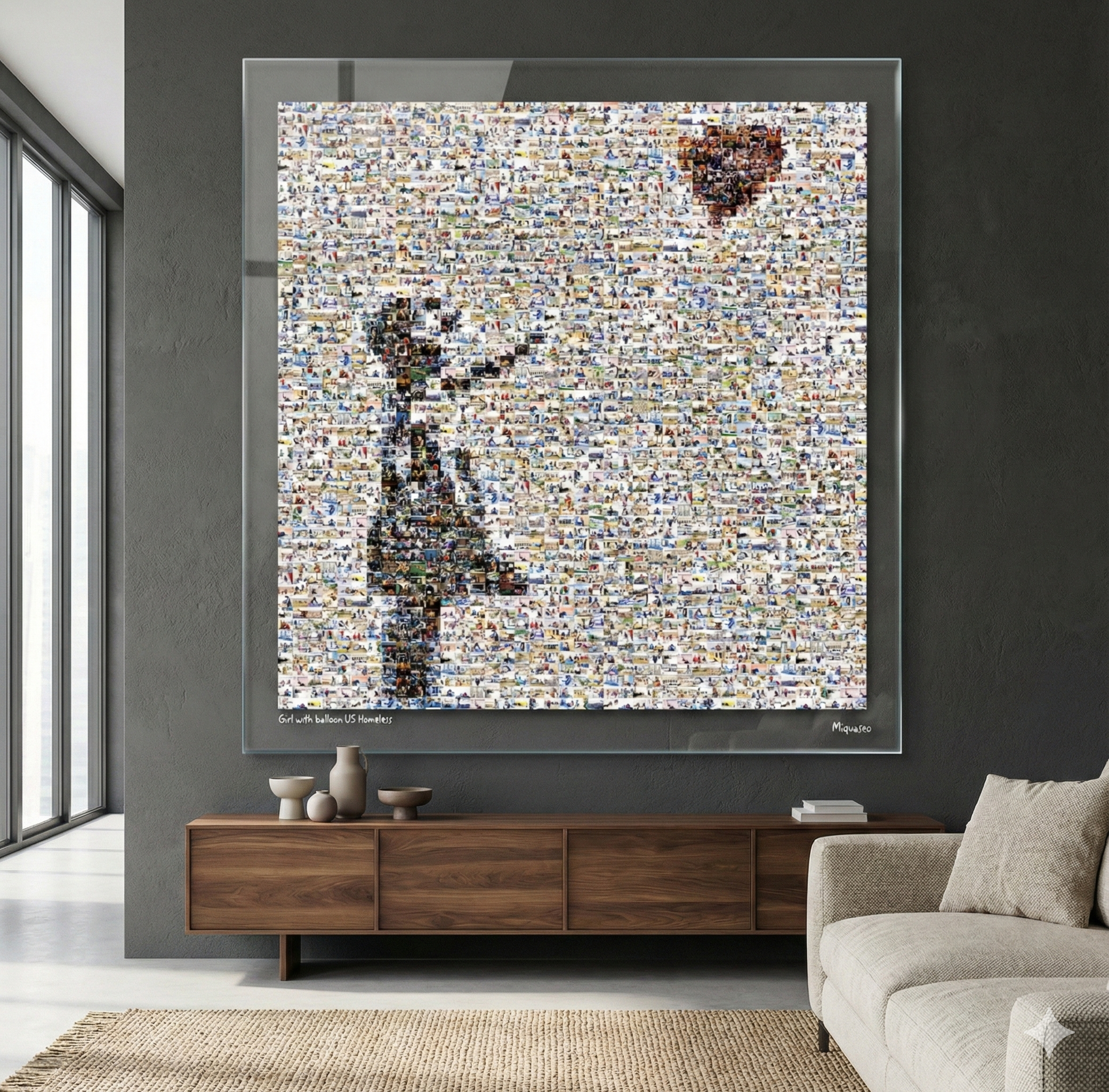 Tableau plexiglass art contemporain Miquaseo, mosaique "Girl with balloon vs Homeless", decoration murale design, edition limitee signee et numerotee