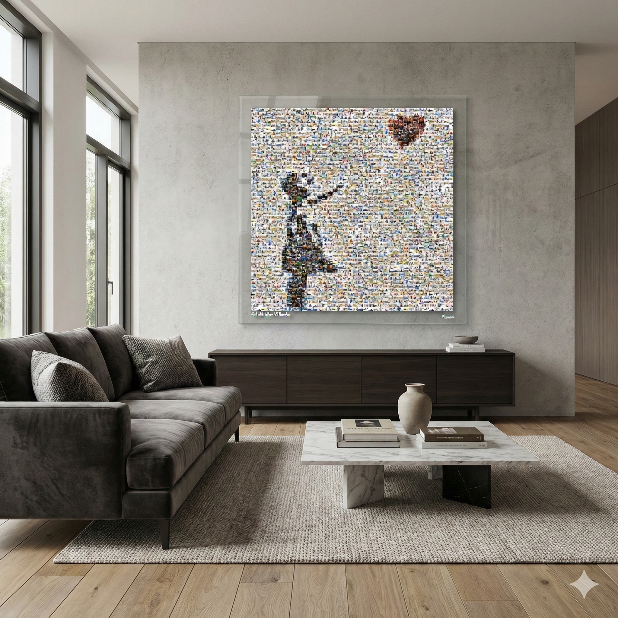 Tableau plexiglass art contemporain Miquaseo, mosaique "Girl with balloon vs Homeless", decoration murale design, edition limitee signee et numerotee