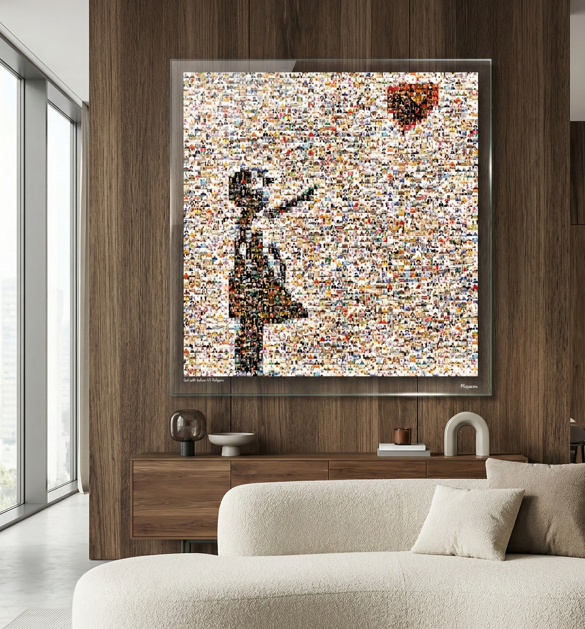 Tableau plexiglass art contemporain Miquaseo, mosaique "Girl with balloon vs Religions", decoration murale design, edition limitee signee et numerotee