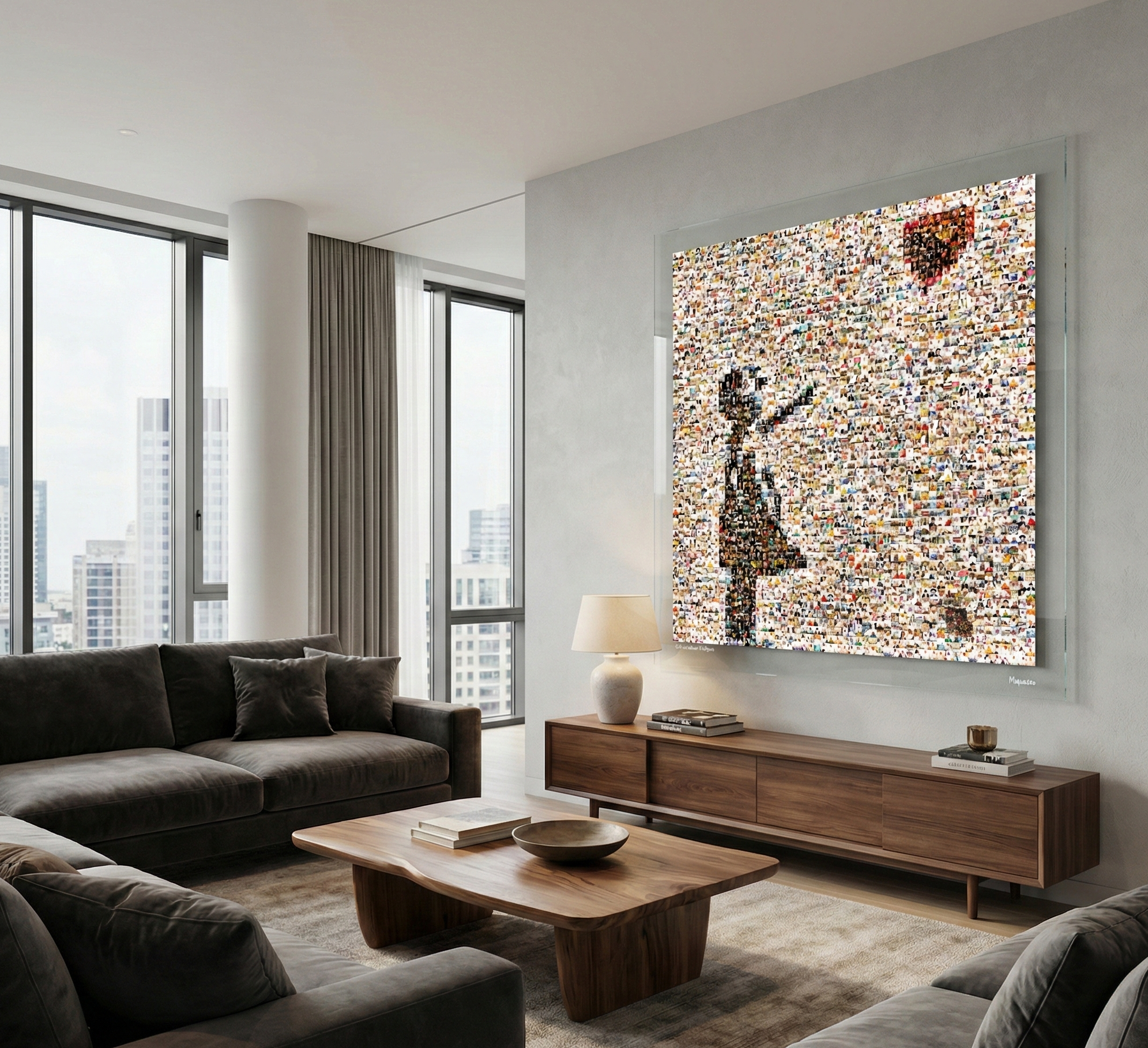 Tableau plexiglass art contemporain Miquaseo, mosaique "Girl with balloon vs Religions", decoration murale design, edition limitee signee et numerotee