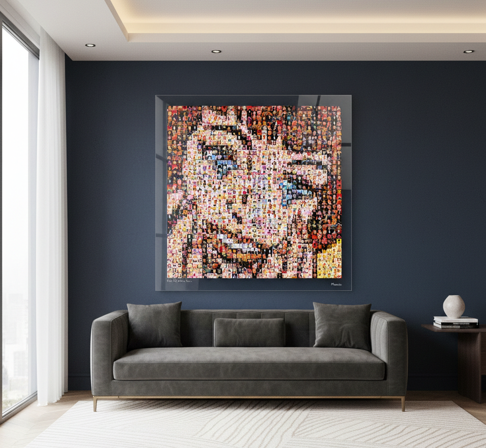 Tableau plexiglass art contemporain Miquaseo, mosaique "Girls vs Funny Faces", decoration murale design, edition limitee signee et numerotee