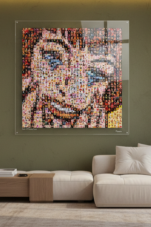 Tableau plexiglass art contemporain Miquaseo, mosaique "Girls vs Funny Faces", decoration murale design, edition limitee signee et numerotee