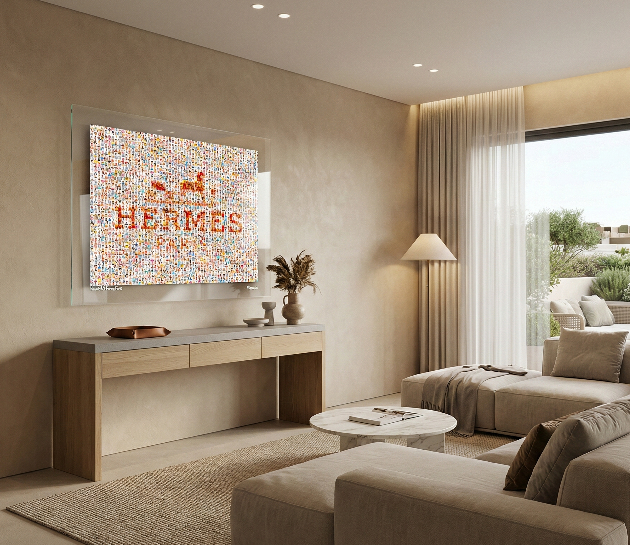 Tableau plexiglass art contemporain Miquaseo, mosaique "Hermes VS Funny Faces", decoration murale design, edition limitee signee et numerotee
