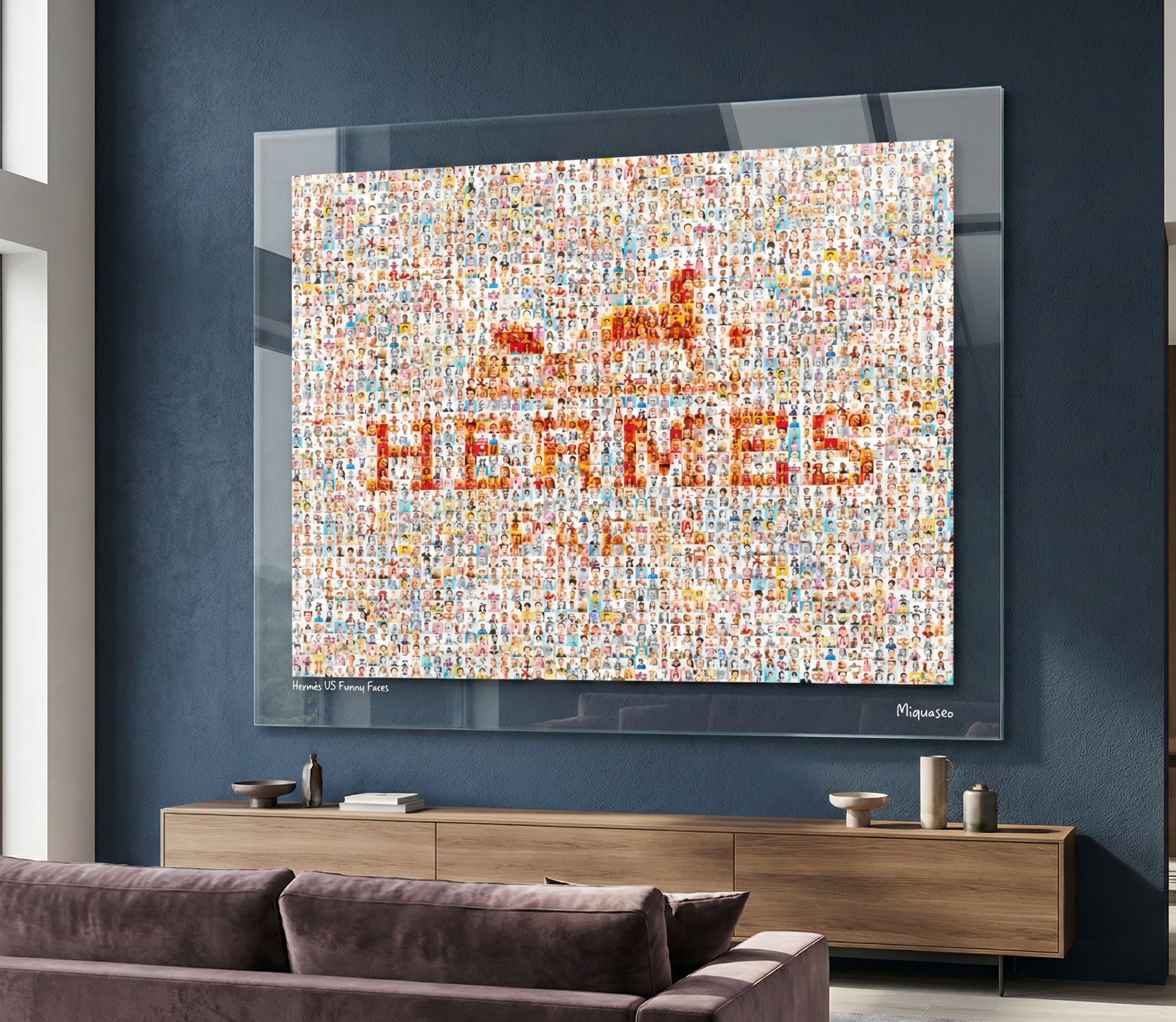 Tableau plexiglass art contemporain Miquaseo, mosaique "Hermes VS Funny Faces", decoration murale design, edition limitee signee et numerotee