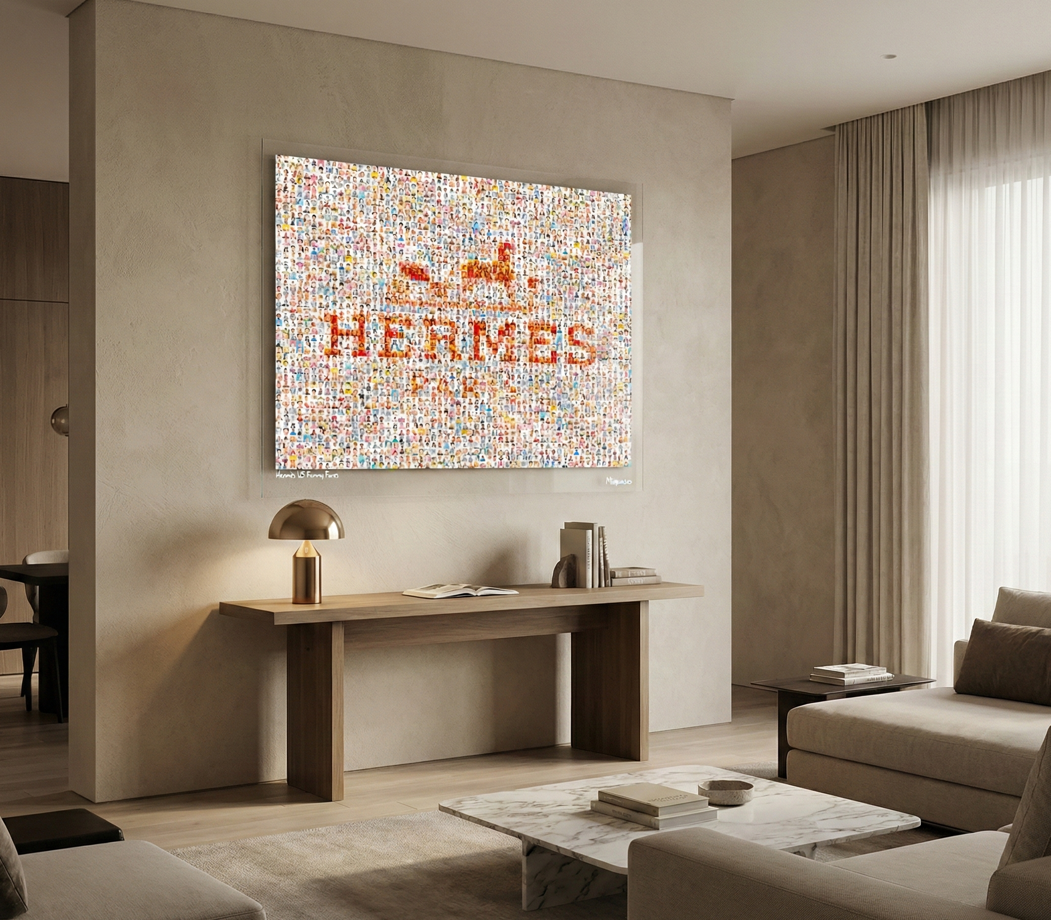 Tableau plexiglass art contemporain Miquaseo, mosaique "Hermes VS Funny Faces", decoration murale design, edition limitee signee et numerotee