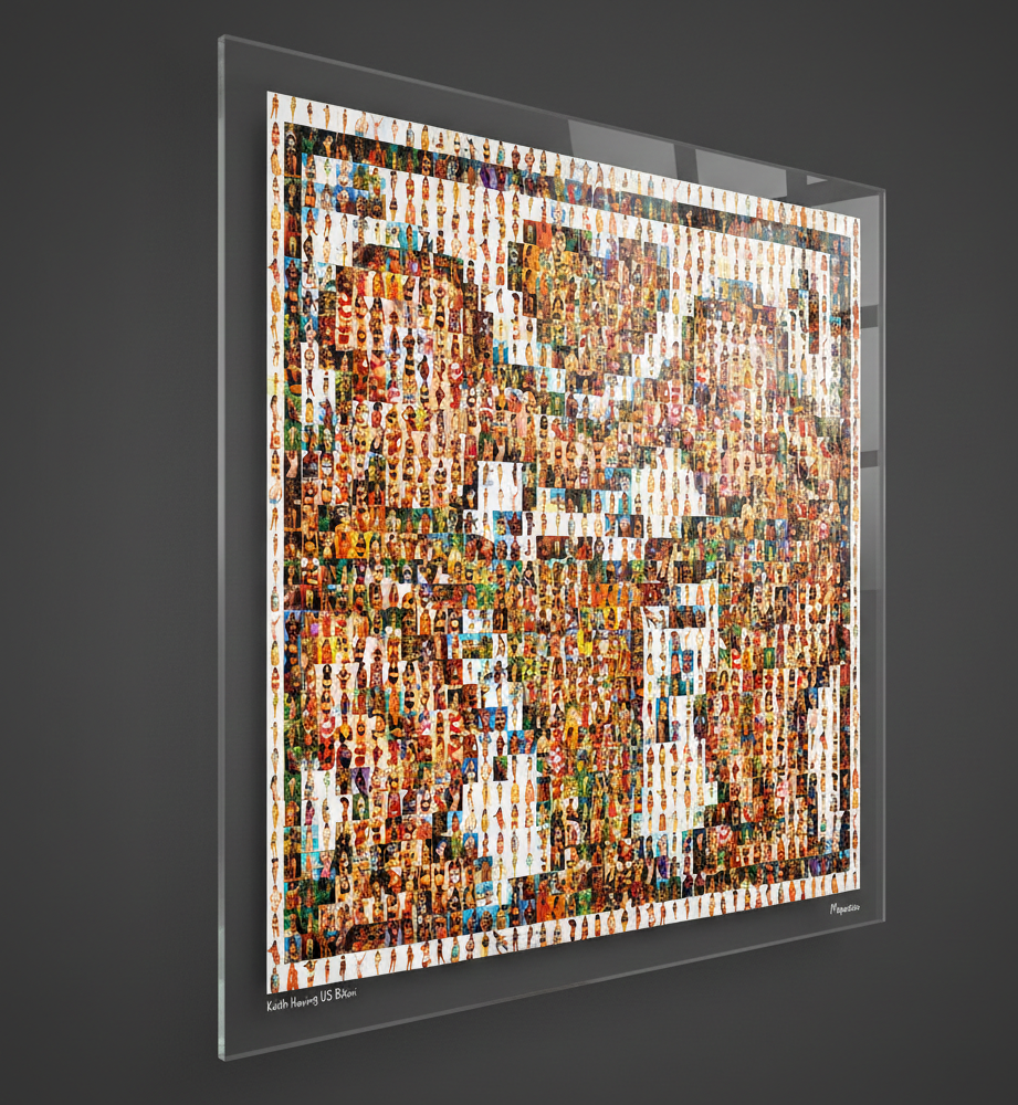 Tableau plexiglass art contemporain Miquaseo, mosaique "Keith Haring vs Bikini", decoration murale design, edition limitee signee et numerotee