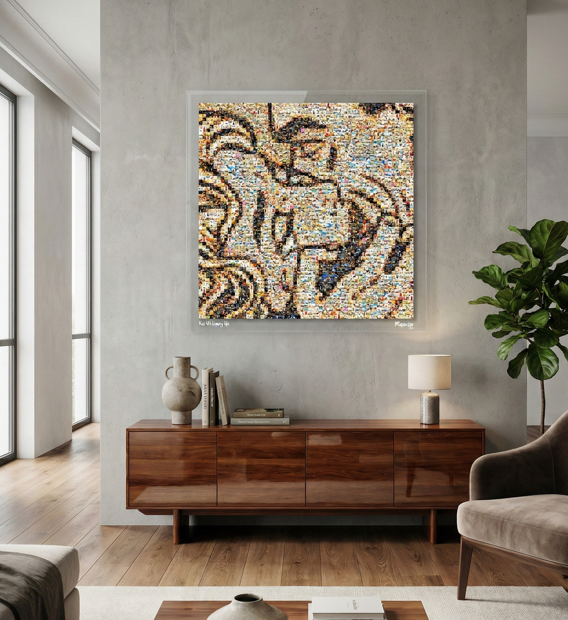 Tableau plexiglass art contemporain Miquaseo, mosaique "Kiss vs Luxury Life", decoration murale design, edition limitee signee et numerotee