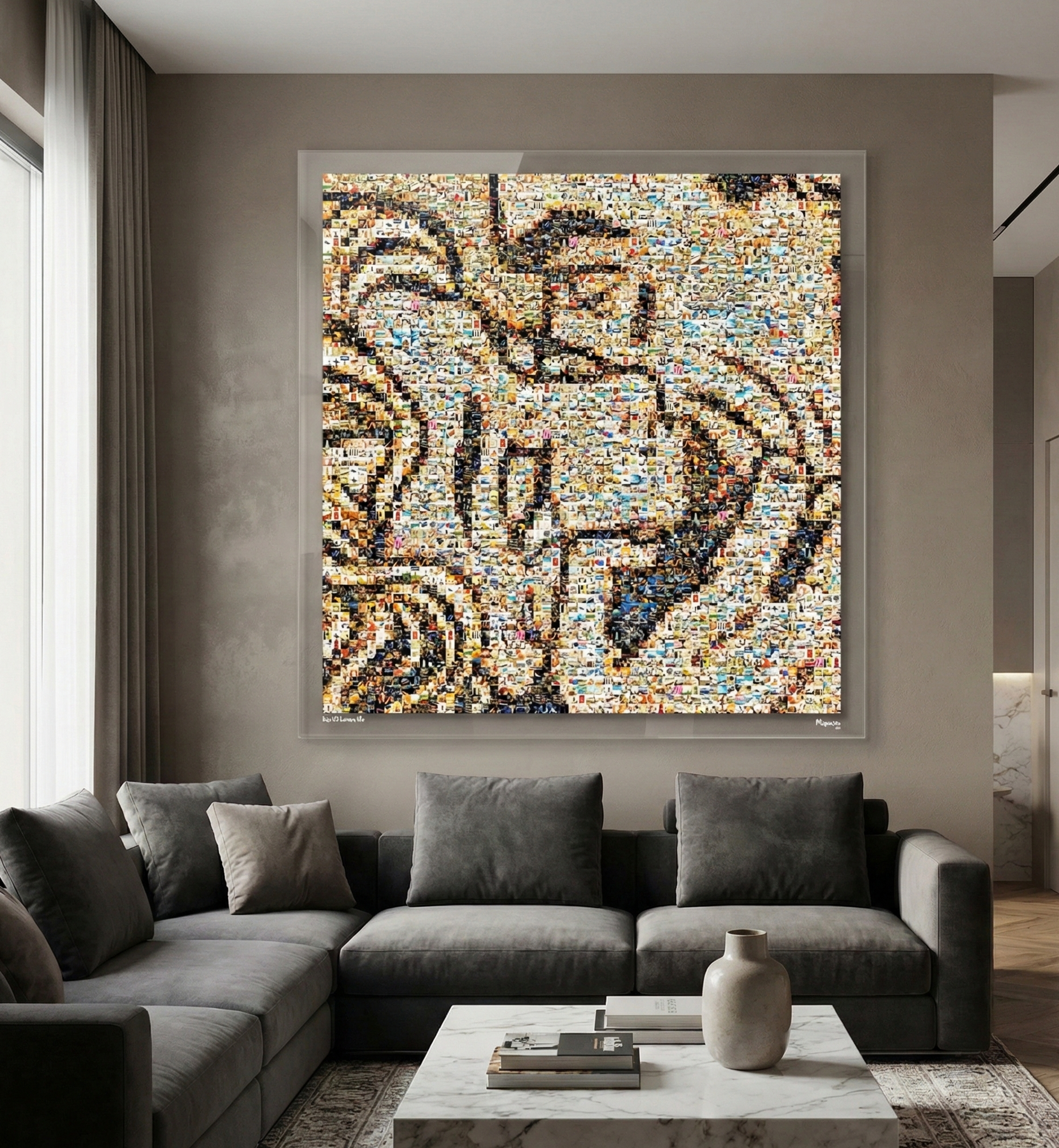 Tableau plexiglass art contemporain Miquaseo, mosaique "Kiss vs Luxury Life", decoration murale design, edition limitee signee et numerotee