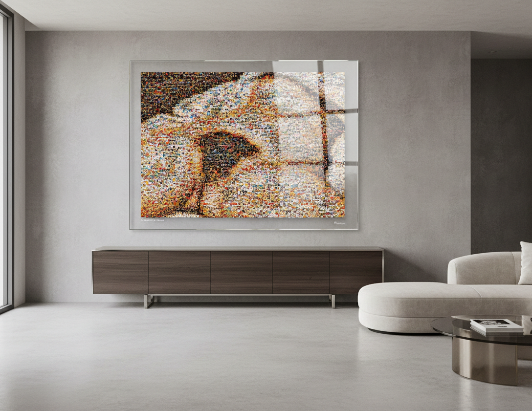 Tableau plexiglass art contemporain Miquaseo, mosaique "L'Origine du monde VS Religions", decoration murale design, edition limitee signee et numerotee