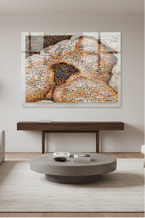 Tableau plexiglass art contemporain Miquaseo, mosaique "L'Origine du monde VS Religions", decoration murale design, edition limitee signee et numerotee