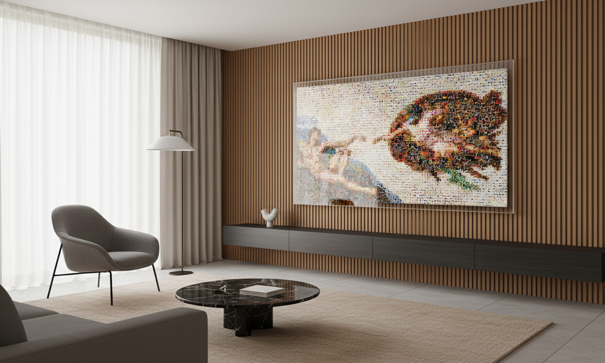 Tableau plexiglass art contemporain Miquaseo, mosaique "La Création d'Adam VS Sneakers", decoration murale design, edition limitee signee et numerotee