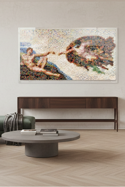 Tableau plexiglass art contemporain Miquaseo, mosaique "La Création d'Adam VS Sneakers", decoration murale design, edition limitee signee et numerotee
