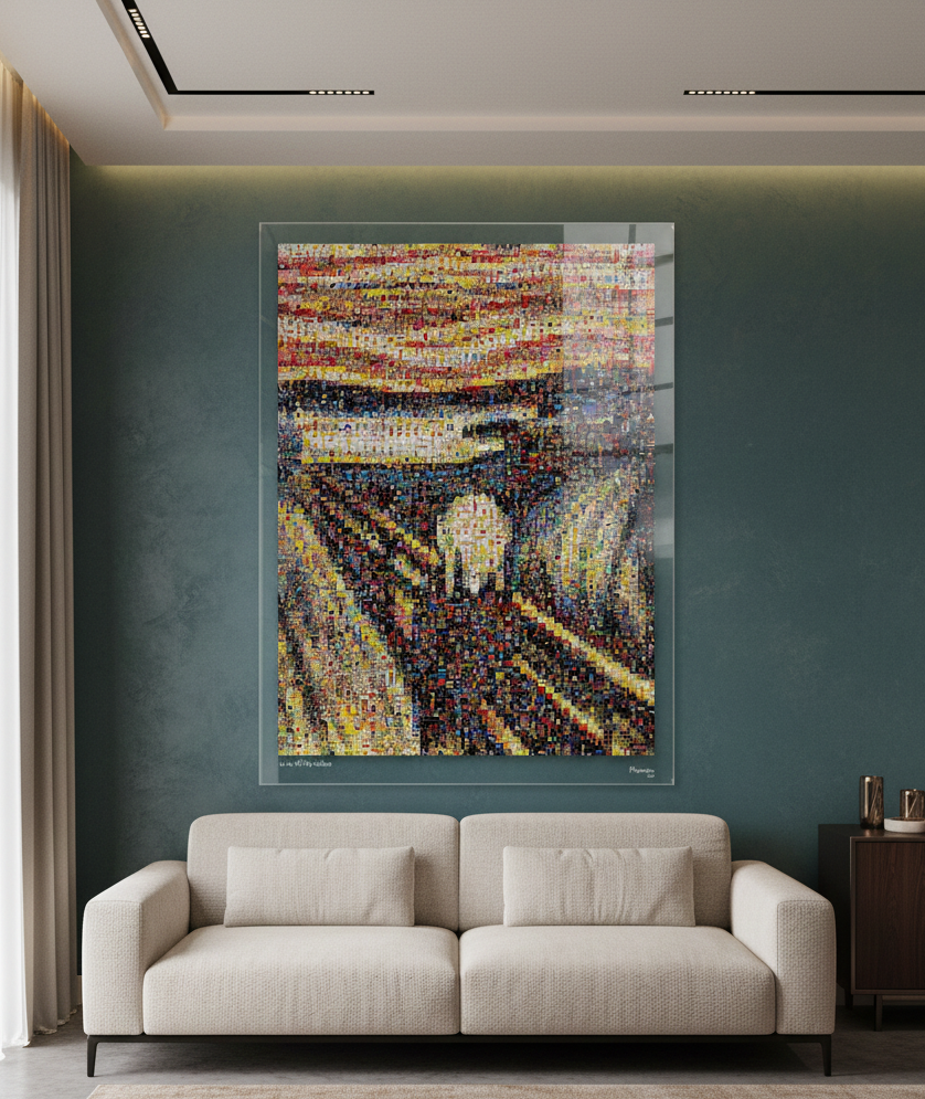 Tableau plexiglass art contemporain Miquaseo, mosaique "Le Cri vs Pop Culture", decoration murale design, edition limitee signee et numerotee