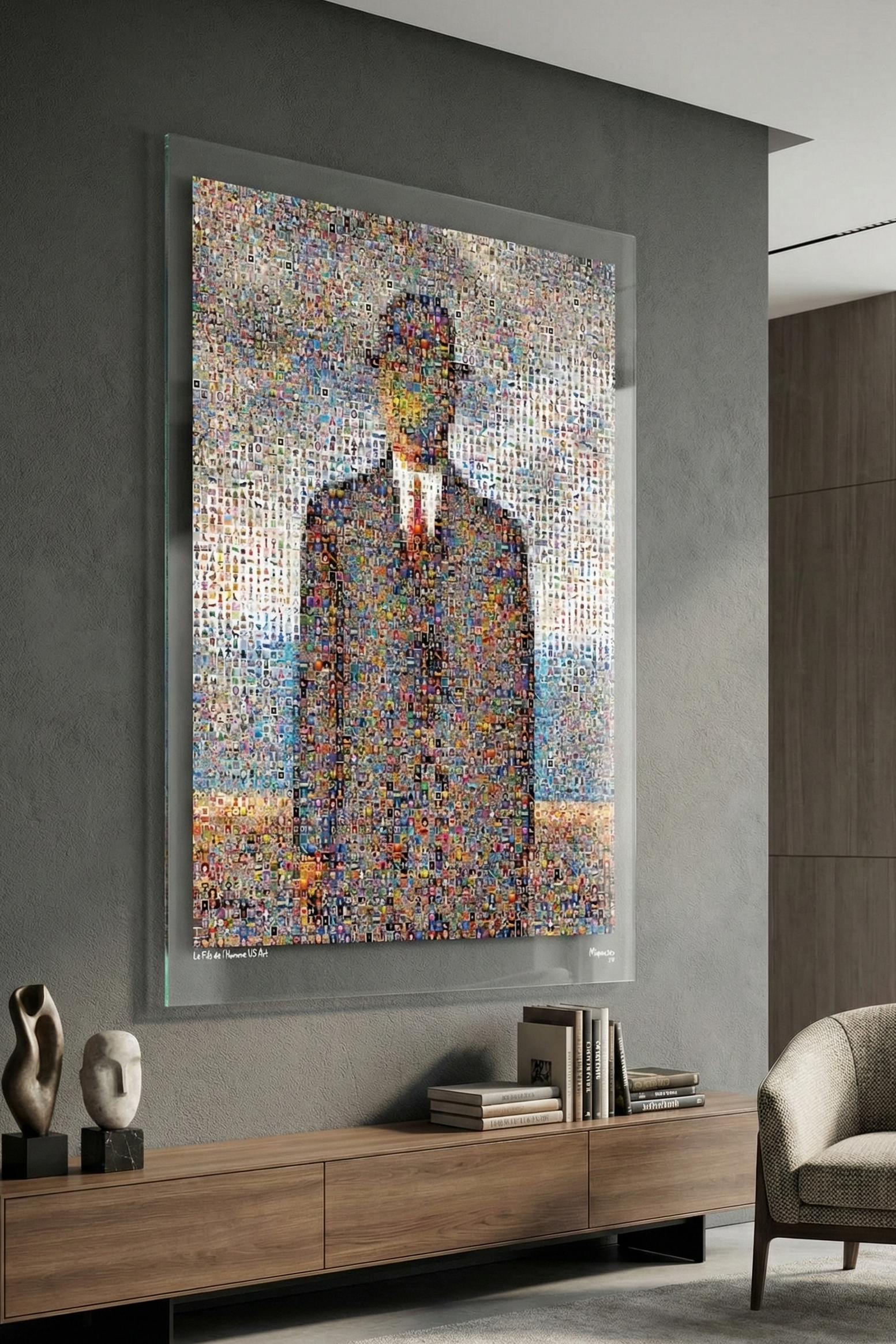 Tableau plexiglass art contemporain Miquaseo, mosaique "Le fils de l'homme vs Art", decoration murale design, edition limitee signee et numerotee