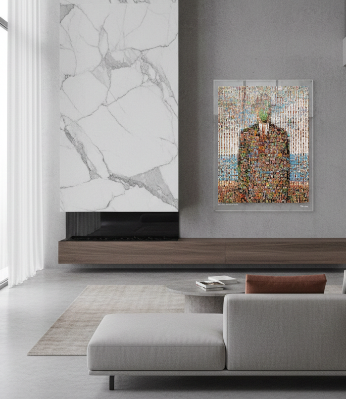 Tableau plexiglass art contemporain Miquaseo, mosaique "Le fils de l'homme vs Bikini", decoration murale design, edition limitee signee et numerotee