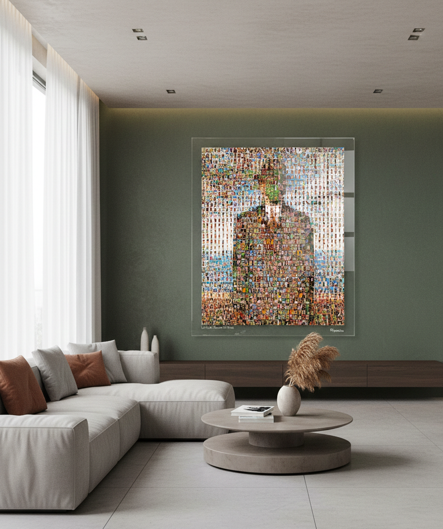 Tableau plexiglass art contemporain Miquaseo, mosaique "Le fils de l'homme vs Bikini", decoration murale design, edition limitee signee et numerotee