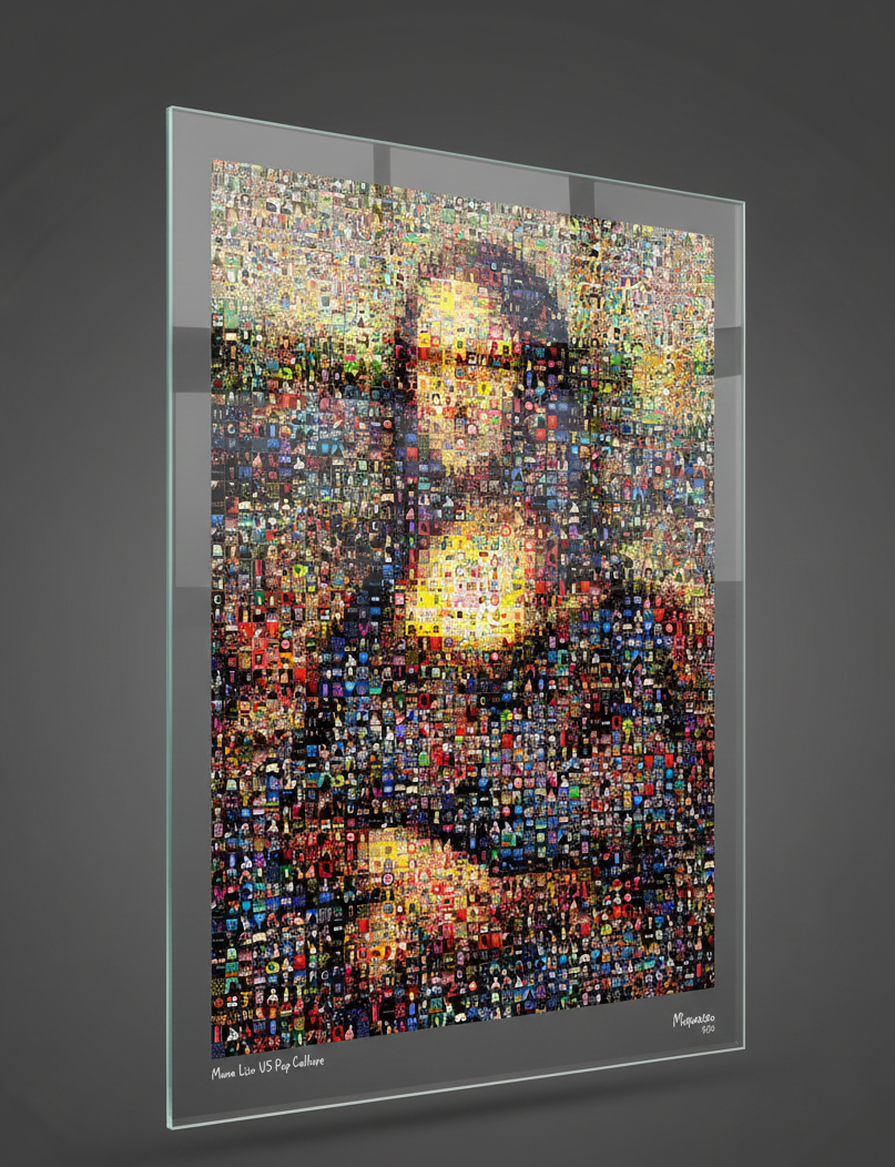 Tableau plexiglass art contemporain Miquaseo, mosaique "Mona Lisa VS Pop Culture", decoration murale design, edition limitee signee et numerotee