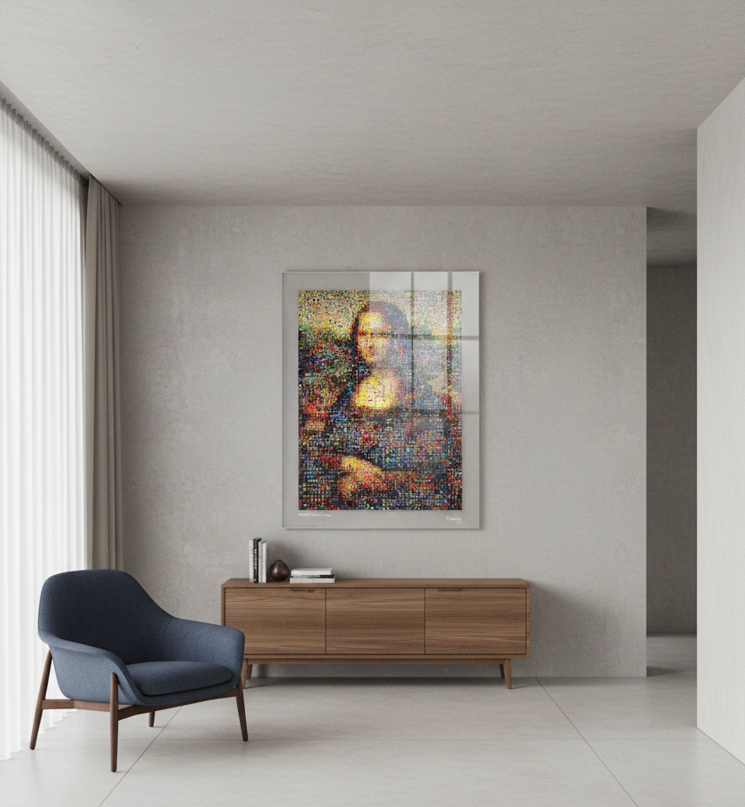 Tableau plexiglass art contemporain Miquaseo, mosaique "Mona Lisa VS Pop Culture", decoration murale design, edition limitee signee et numerotee