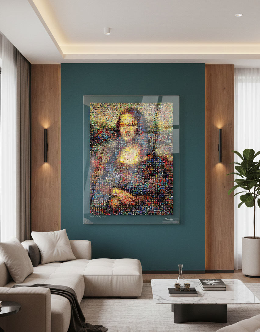 Tableau plexiglass art contemporain Miquaseo, mosaique "Mona Lisa VS Pop Culture", decoration murale design, edition limitee signee et numerotee
