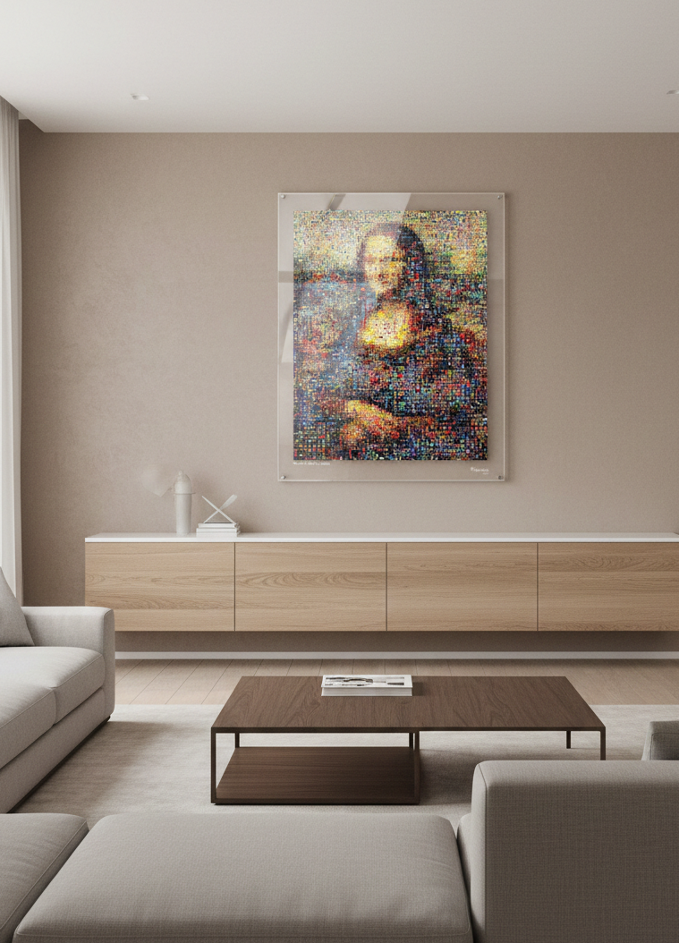 Tableau plexiglass art contemporain Miquaseo, mosaique "Mona Lisa VS Pop Culture", decoration murale design, edition limitee signee et numerotee