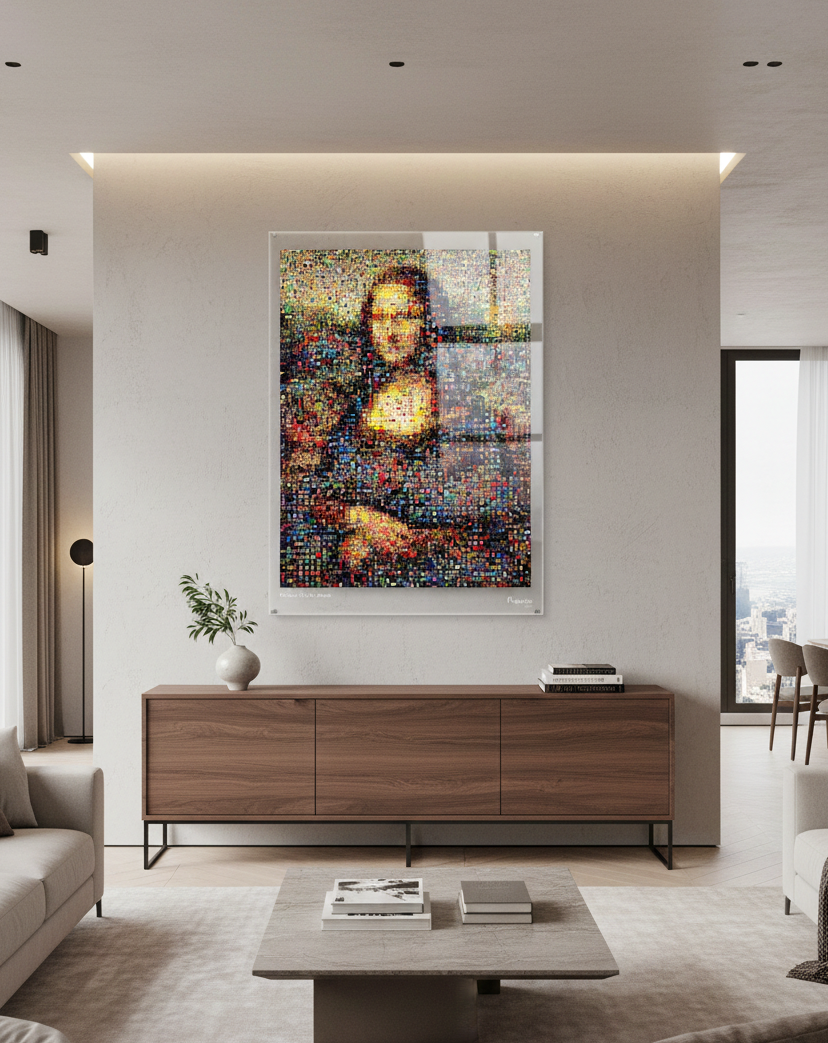 Tableau plexiglass art contemporain Miquaseo, mosaique "Mona Lisa VS Pop Culture", decoration murale design, edition limitee signee et numerotee