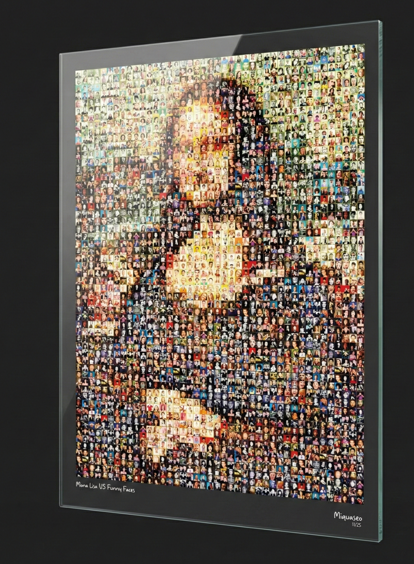 Tableau plexiglass art contemporain Miquaseo, mosaique "Mona Lisa vs Funny Faces", decoration murale design, edition limitee signee et numerotee