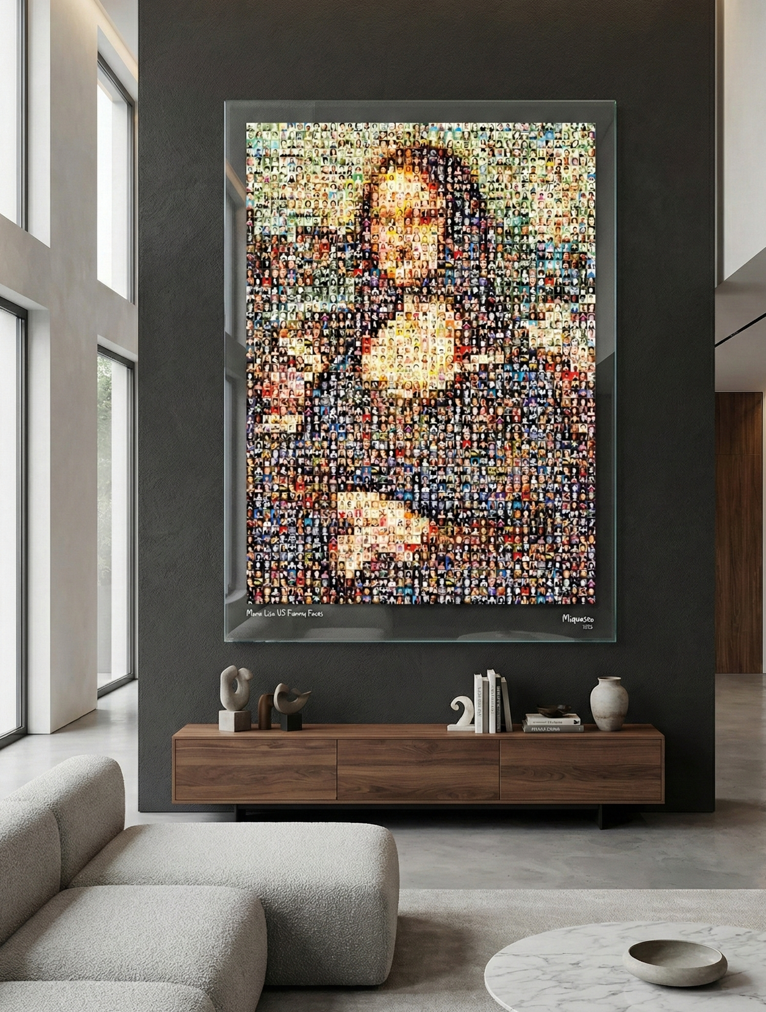 Tableau plexiglass art contemporain Miquaseo, mosaique "Mona Lisa vs Funny Faces", decoration murale design, edition limitee signee et numerotee