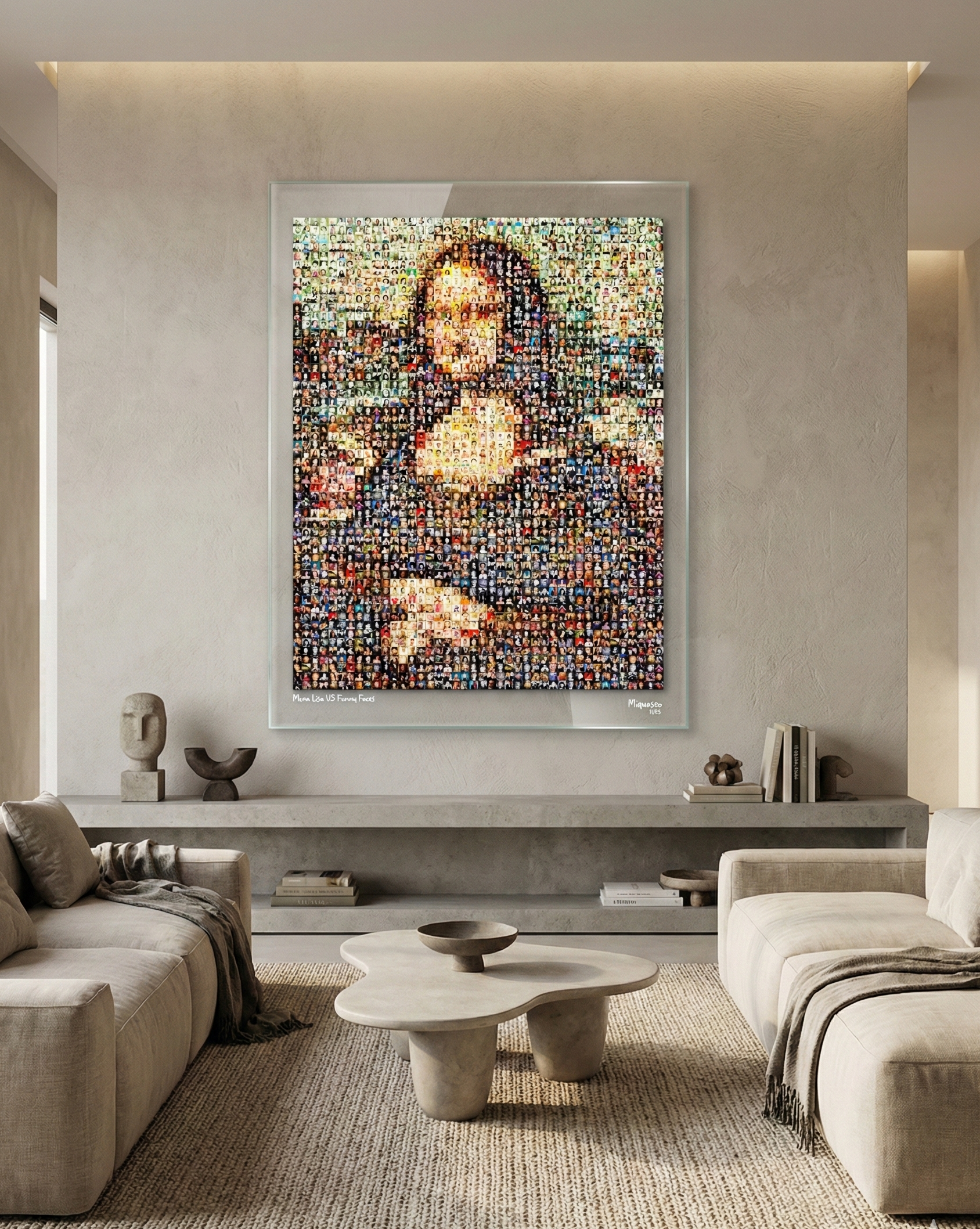 Tableau plexiglass art contemporain Miquaseo, mosaique "Mona Lisa vs Funny Faces", decoration murale design, edition limitee signee et numerotee