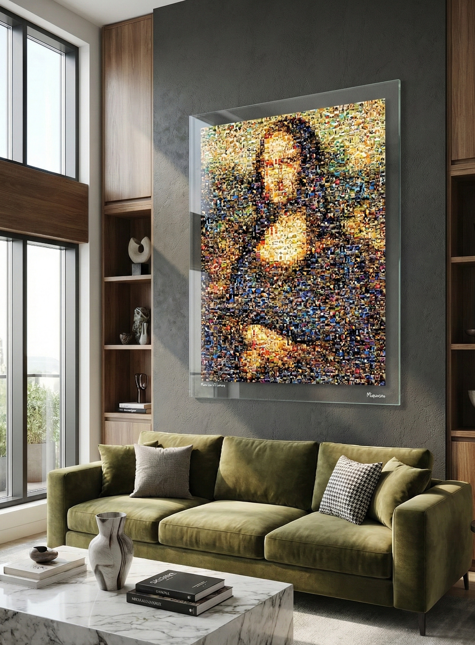Tableau plexiglass art contemporain Miquaseo, mosaique "Mona Lisa vs Luxury", decoration murale design, edition limitee signee et numerotee