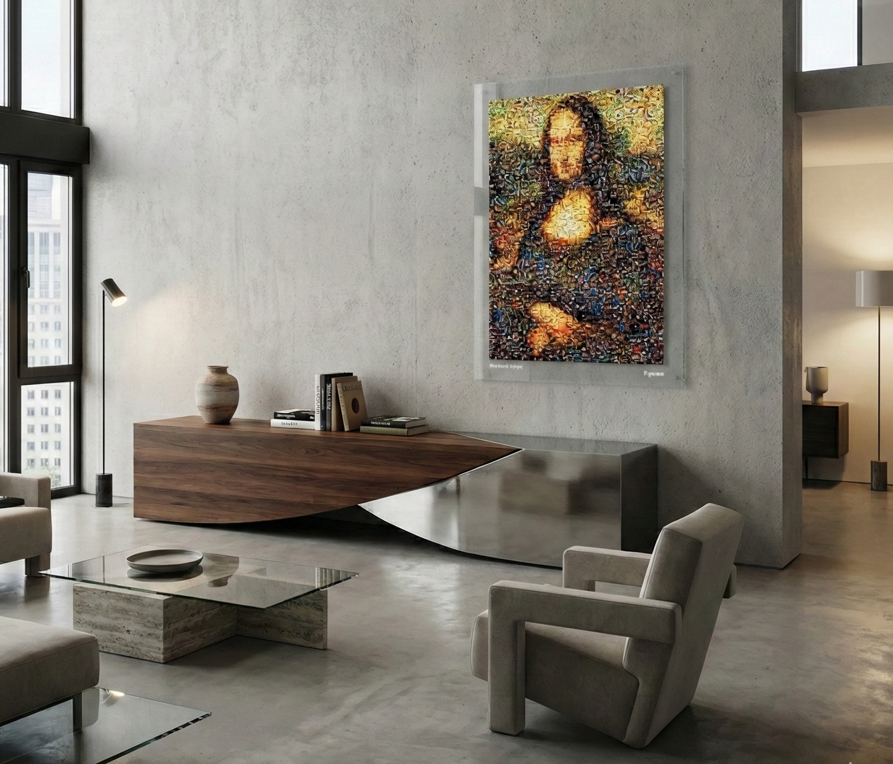 Tableau plexiglass art contemporain Miquaseo, mosaique "Mona Lisa vs Luxury", decoration murale design, edition limitee signee et numerotee