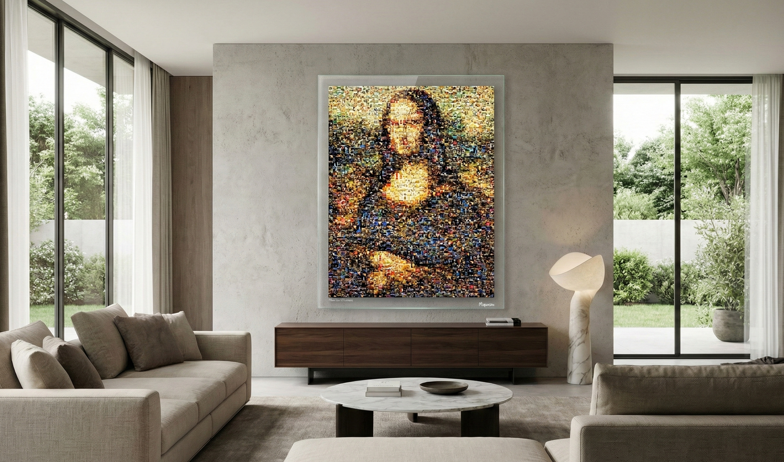 Tableau plexiglass art contemporain Miquaseo, mosaique "Mona Lisa vs Luxury", decoration murale design, edition limitee signee et numerotee