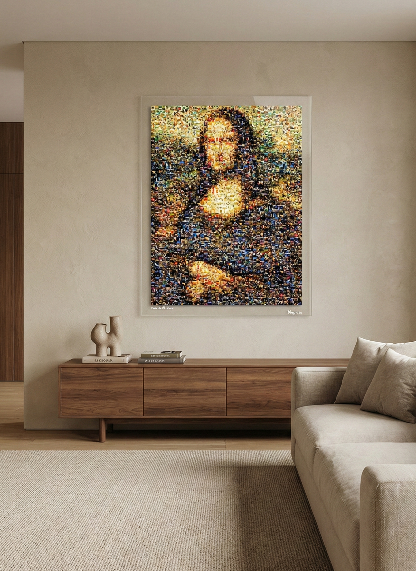 Tableau plexiglass art contemporain Miquaseo, mosaique "Mona Lisa vs Luxury", decoration murale design, edition limitee signee et numerotee
