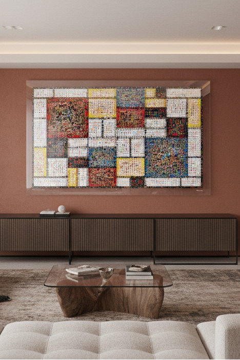 Tableau plexiglass art contemporain Miquaseo, mosaique "Mondrian VS Pop culture", decoration murale design, edition limitee signee et numerotee