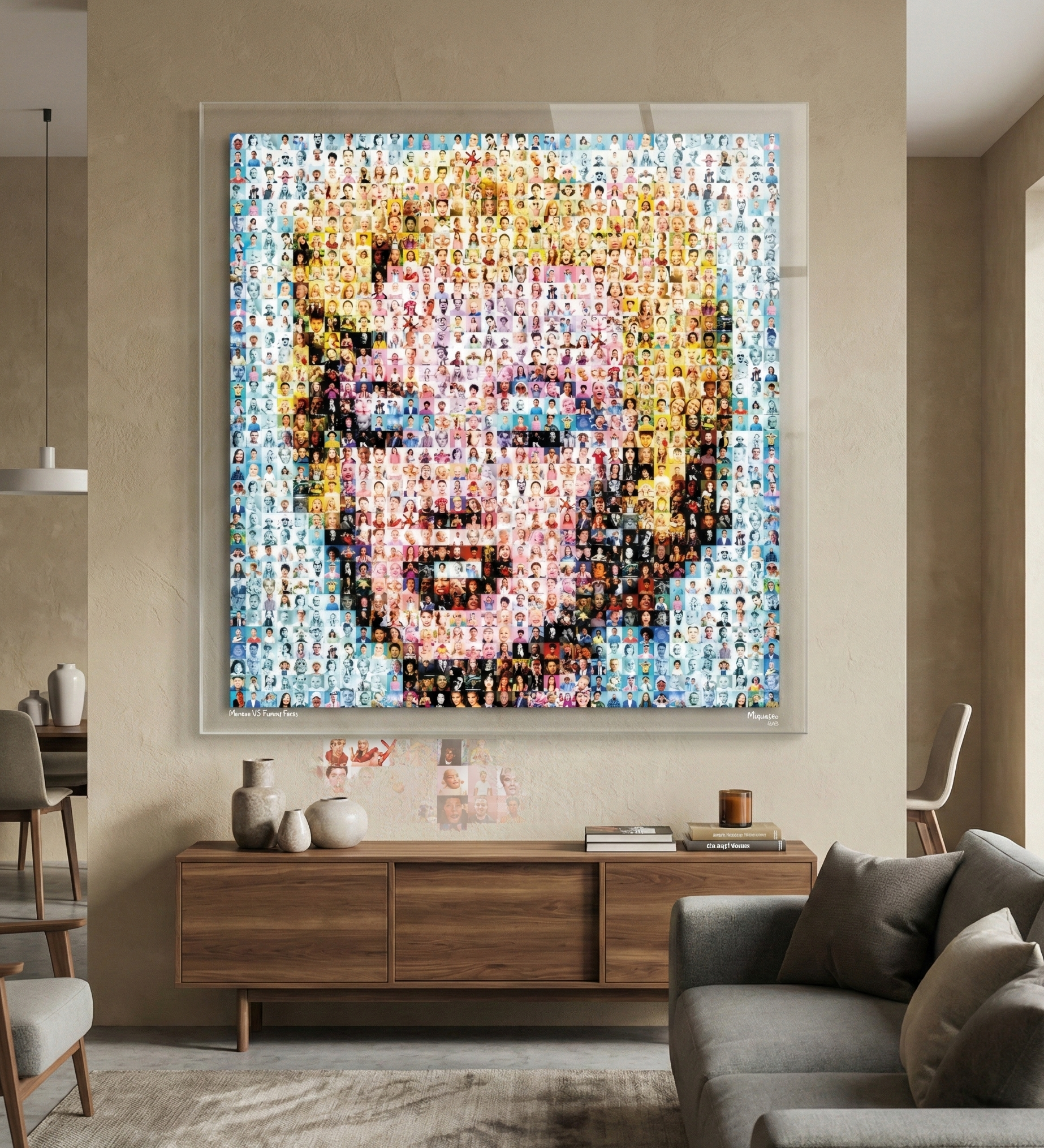 Tableau plexiglass art contemporain Miquaseo, mosaique "Monroe vs Funny Faces", decoration murale design, edition limitee signee et numerotee