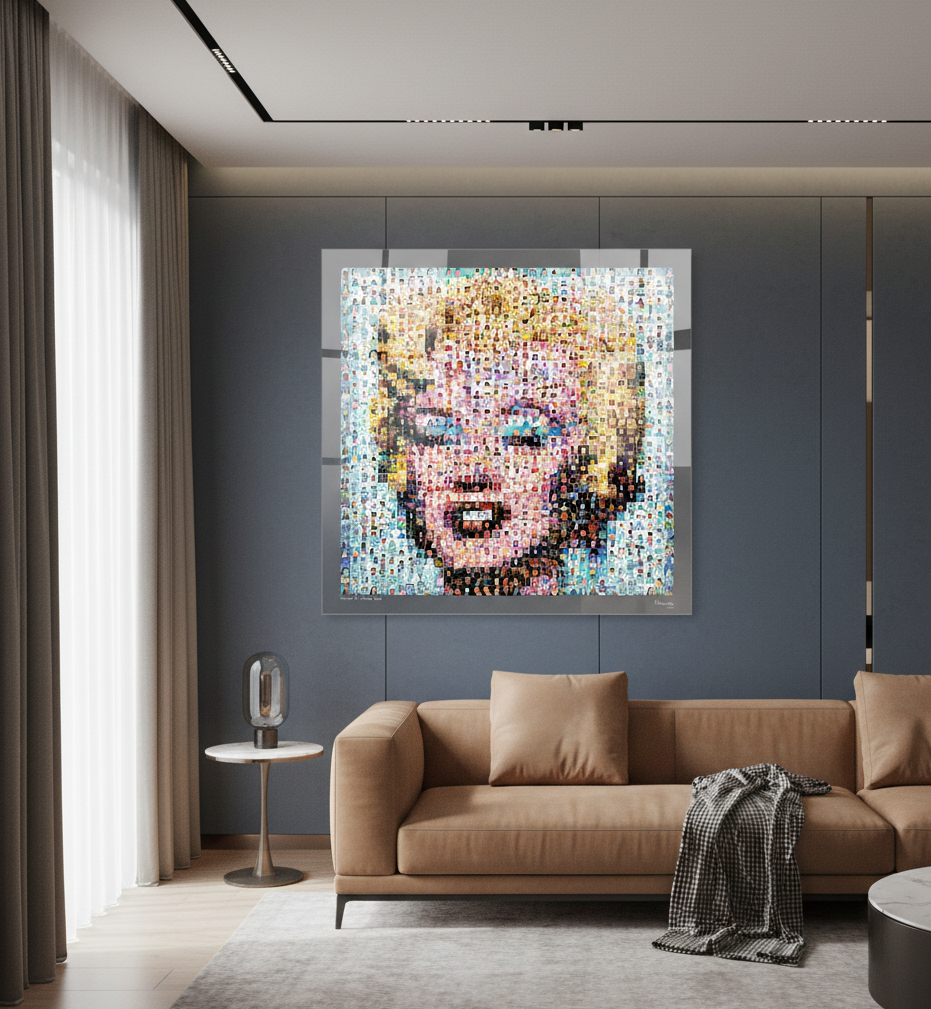Tableau plexiglass art contemporain Miquaseo, mosaique "Monroe vs Funny Faces", decoration murale design, edition limitee signee et numerotee