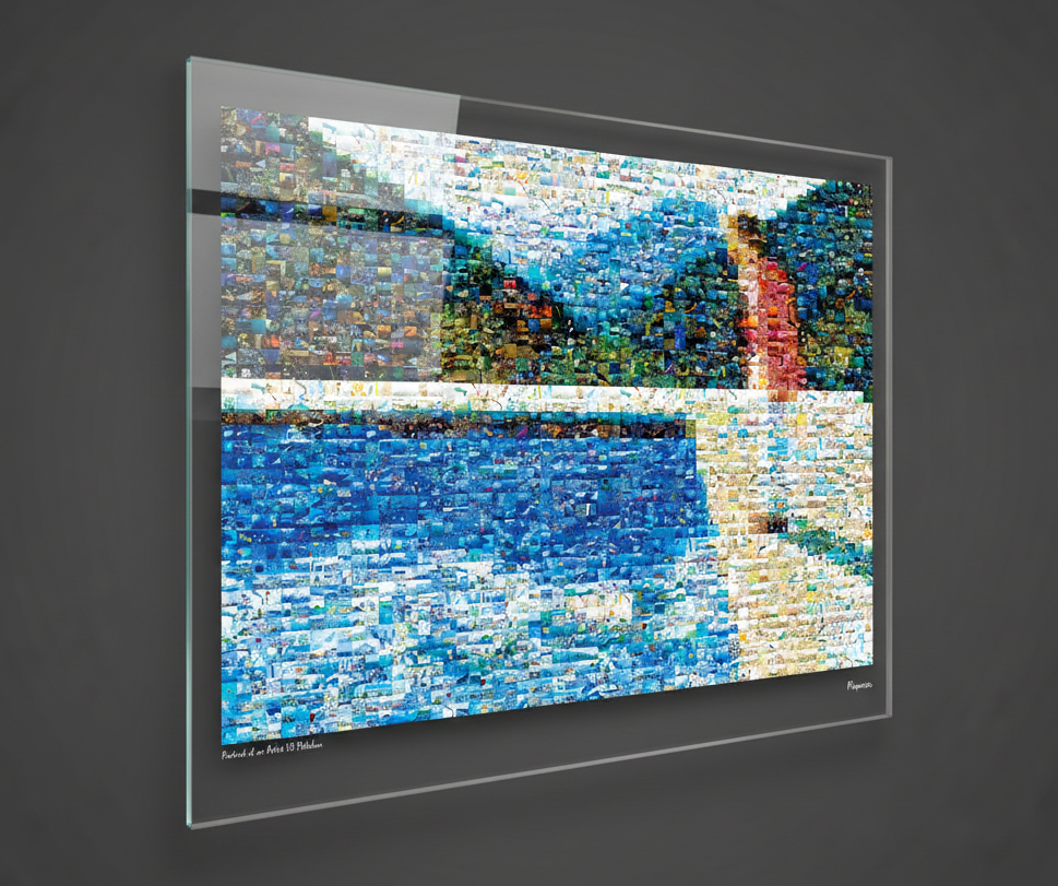 Tableau plexiglass art contemporain Miquaseo, mosaique "Portrait of an Artist vs Pollution", decoration murale design, edition limitee signee et numerotee