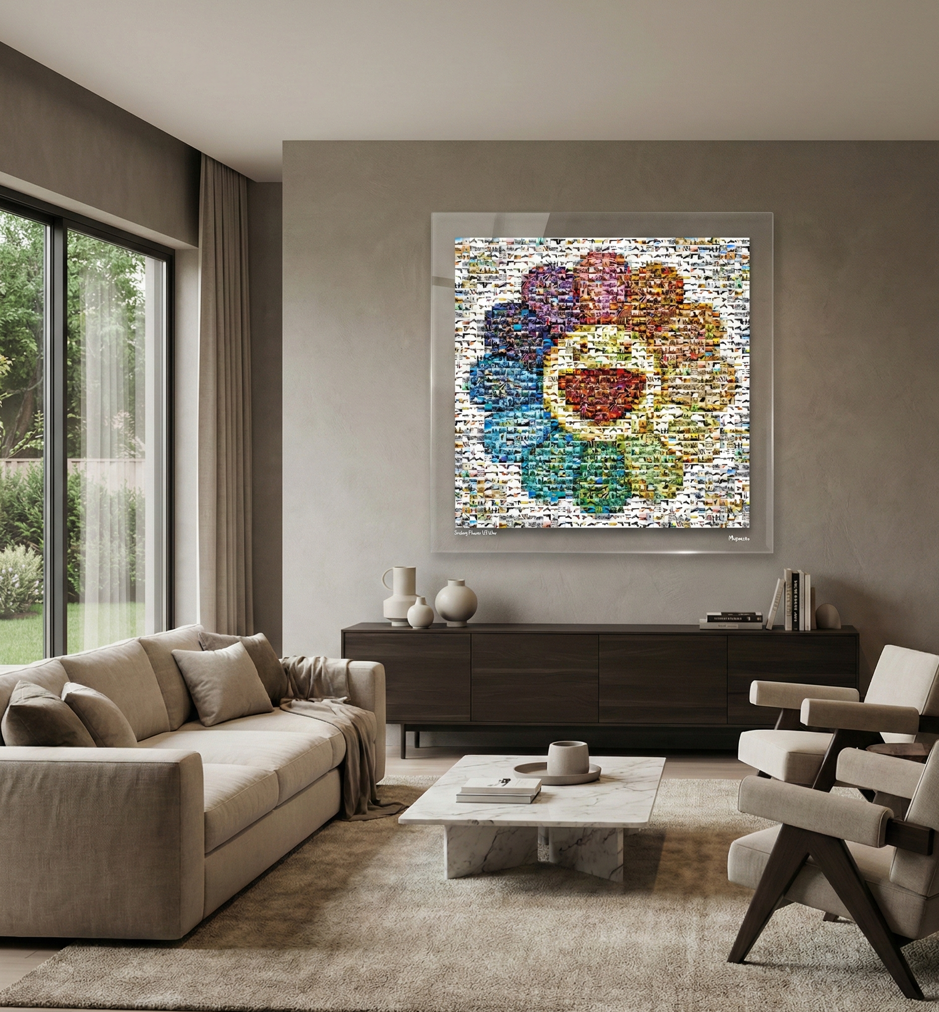 Tableau plexiglass art contemporain Miquaseo, mosaique "Smiling flower VS War", decoration murale design, edition limitee signee et numerotee